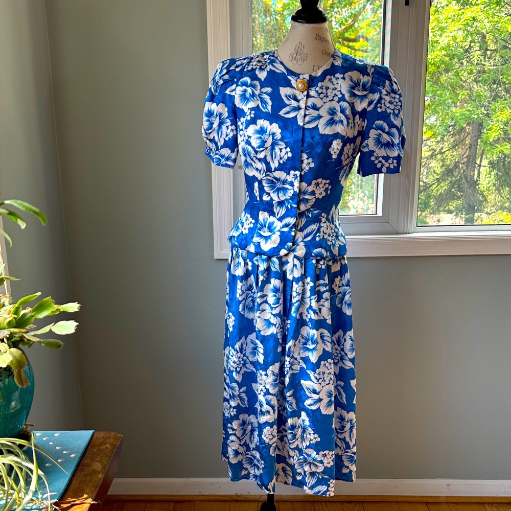 Vintage‎ Maggie London blue silk skirt set jacket skirt floral EVC size Small
